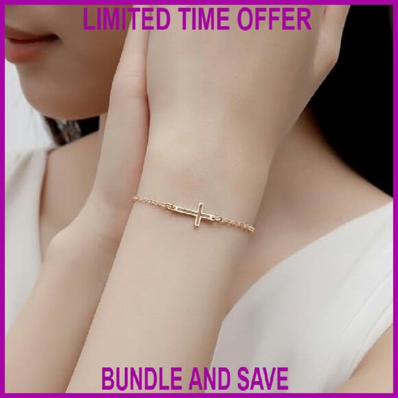 14K Gold Plated Sideways Cross Bracelet Adjustable Rolo Chain Faith Jewelry - Picture 4 of 7